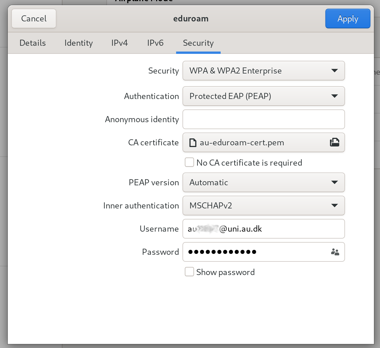 Aarhus University eduroam configuration in Network Manager